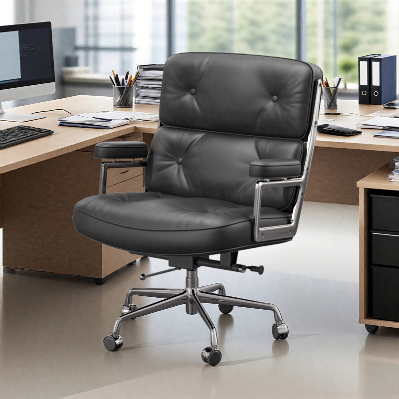 Chaise de bureau pivotante en cuir véritable noir à dossier moyen avec base en aluminium, Noir