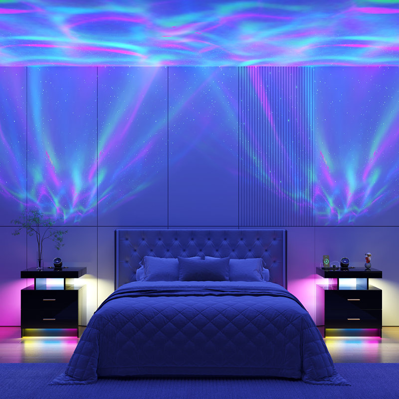 Bedside Table with RGB Sensor Lights, Starlight Projections, Charging Station, Bluetooth and Speaker, Black