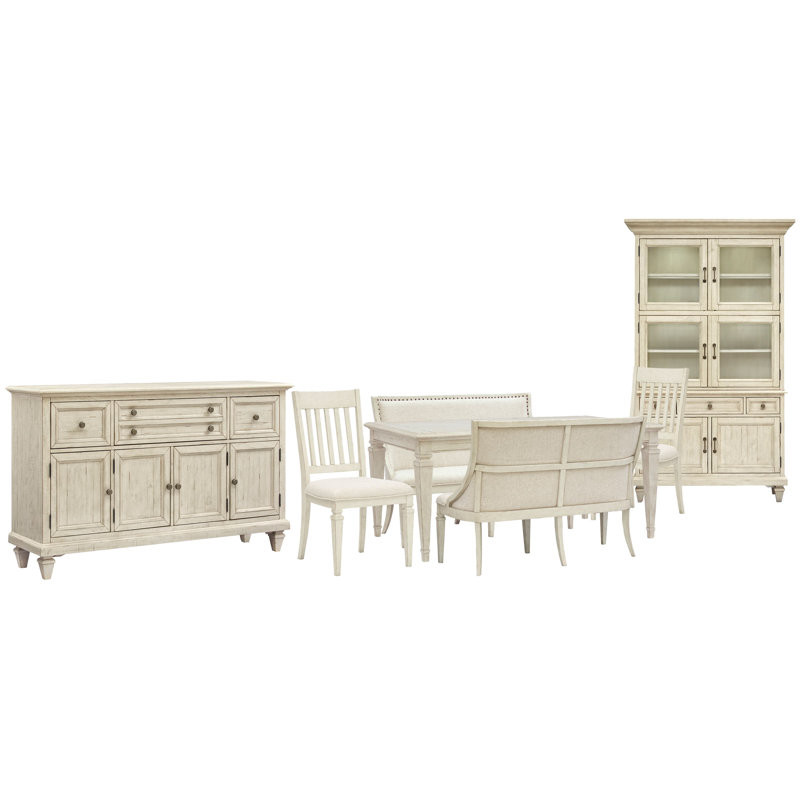Dariella Extendable Rectangular Dining Table With 2 Upholstered Benches 2 Side Chairs Buffet And Dining Cabinet