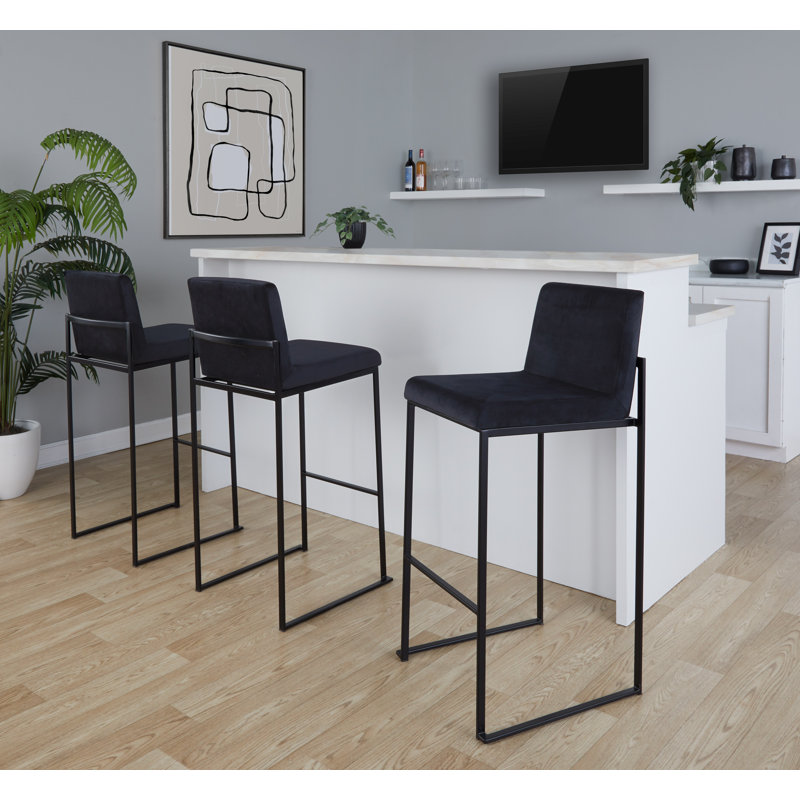 Brieon High Back Upholstered Bar & Counter Stool (Set of 3), Black Velvet/Black, Bar Stool (30" Seat Height)