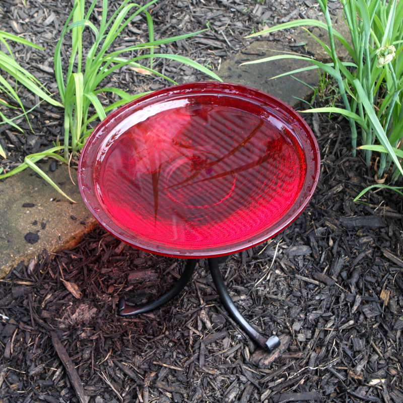 14" Red Crackle Glass Birdbath with Wrought Iron Tripod Stand