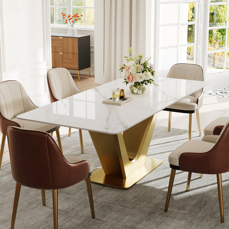 Table de salle à manger rectangulaire en pierre 71 po Randahl, 29.5" H x 71" W x 35.43" D, Blanc montagne enneigée, Doré