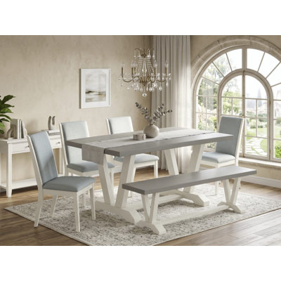 L'ensemble de table de salle à manger 6 pièces se compose d'une table moderne en ciment, d'un banc de cuisine et de 4 chaises de salle à manger en tissu de lin bleu à haut dossier - Lin brossé blanc