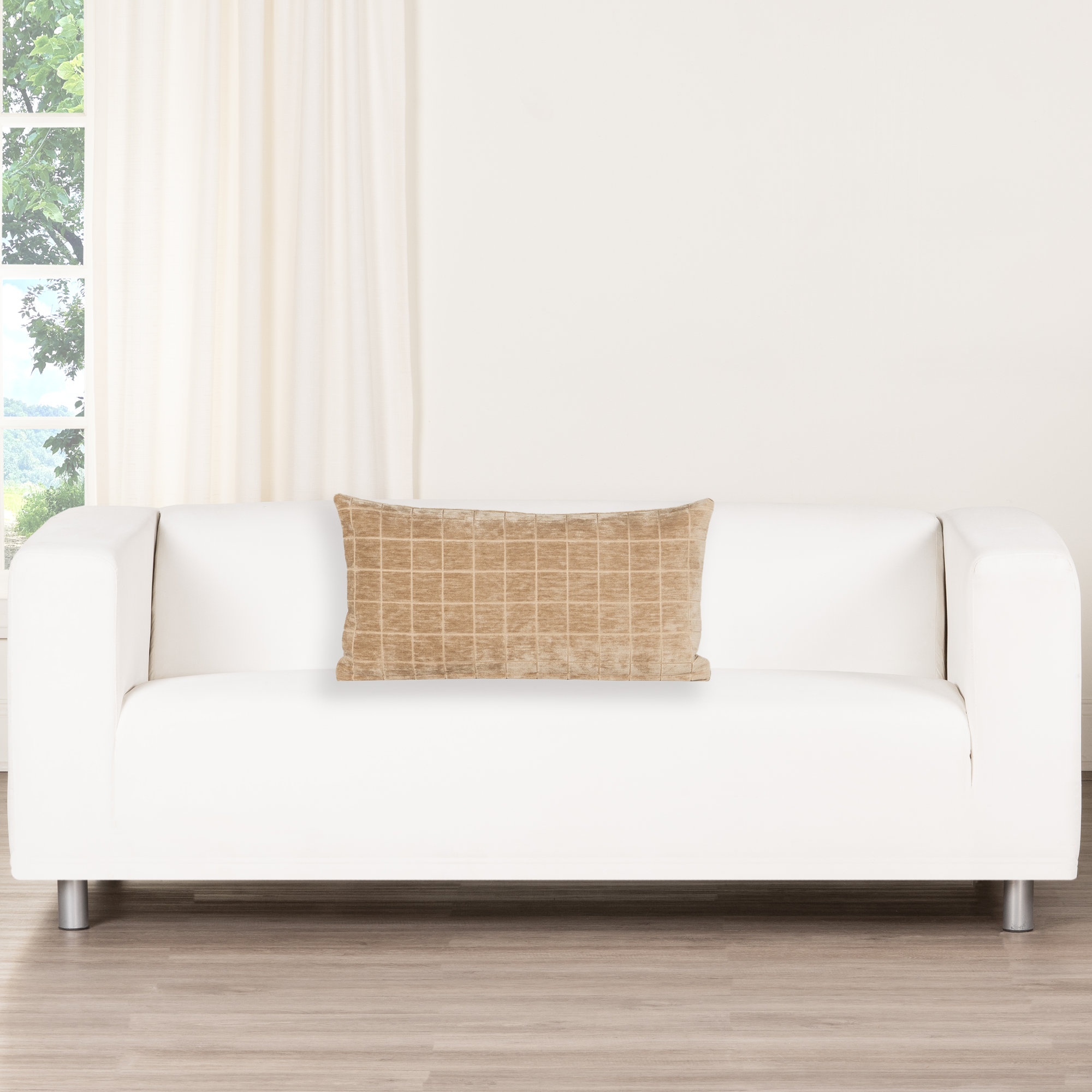 Otterville Velvet Grid Lumbar Pillow, Beige Geometric, 12"H x 21"W, Polyester