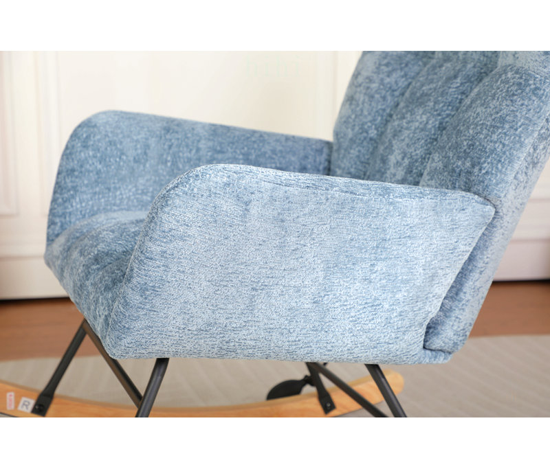 Fauteuil à bascule moderne avec pieds en bois massif, fauteuil à bascule rembourré pour chambre d'enfant avec poche latérale et repose-pieds, dossier haut pour une détente confortable.
