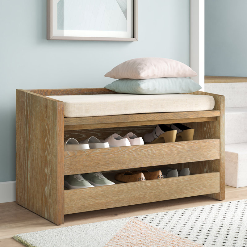 Percy Transitional 34'' Beige Linen and Rustic Oak Storage Bench