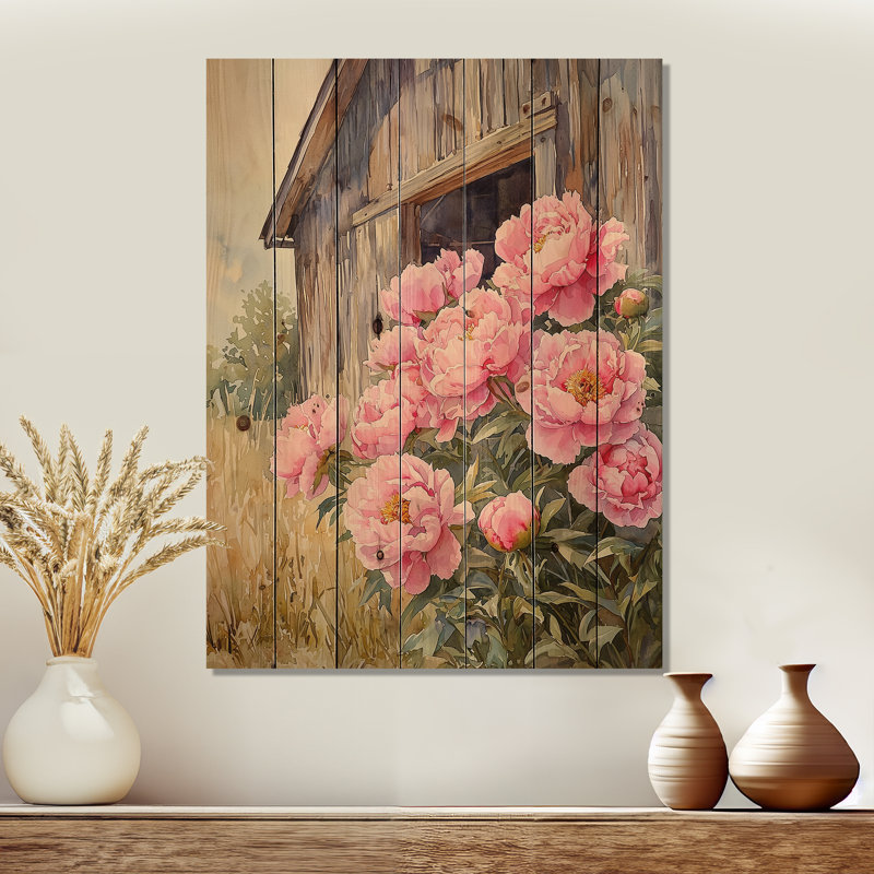 Pivoines dans la brise de basse-cour I - décoration murale en bois de pivoines - sur bois de pin naturel