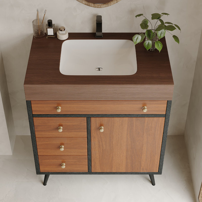 Meuble-lavabo autoportant moderne Mid-Century avec lavabo en céramique et plateau en pierre frittée, Brun, Noyer