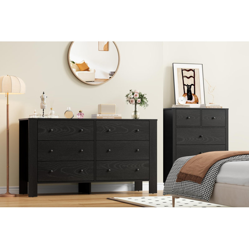  Wide 6 Drawer Dresser for Bedroom – Modern Wooden Chest with Deep Storage Drawers, Metal Knobs – Ideal for Kids Room, Entryway, Hallway, or Home Office Organization, Black