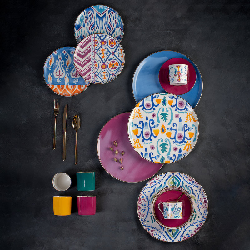 Ikat Set Of 6 Dinner Plates, Blue, 28 Cm, Pink