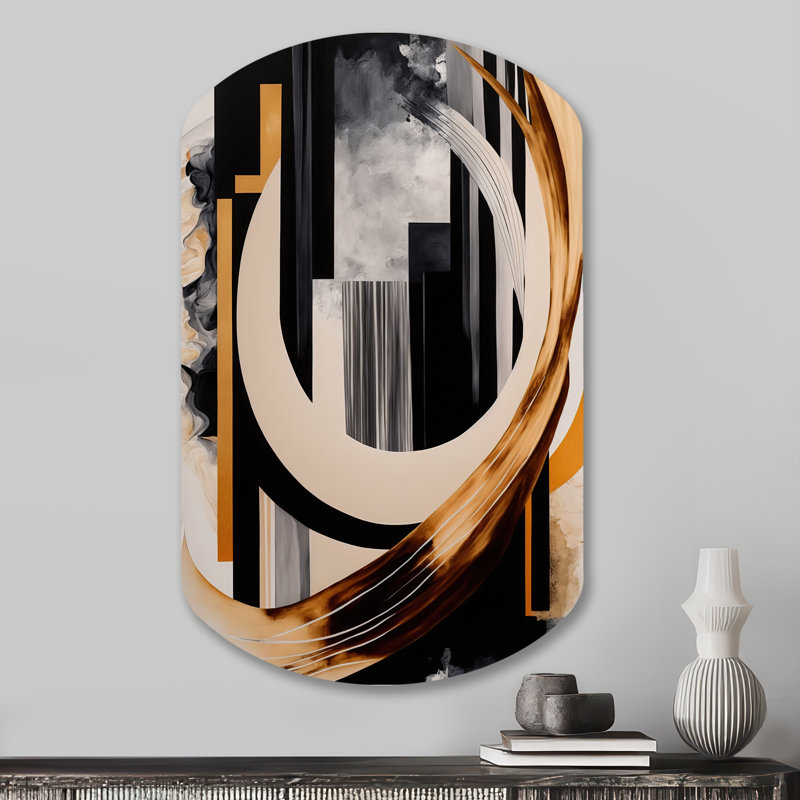 Shyloe Gold Touch Art Deco I - Abstract Asymmetrical Metal Prints, Black Cylinder Metal Wall Art, 31" H x 19" W x 1" D