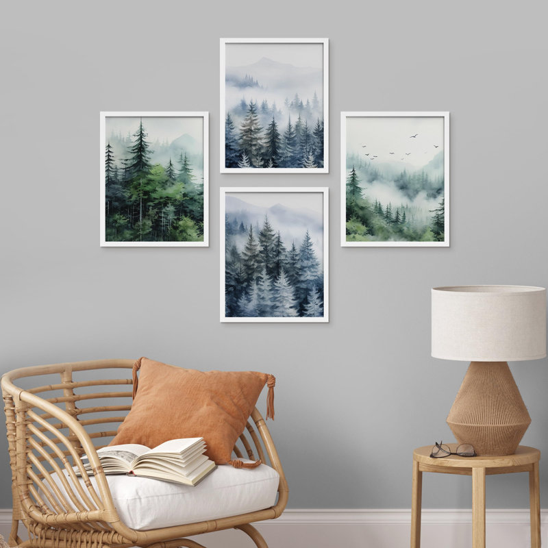 " Green And Teal Watercolor Forest Pine Trees Decor " 4 - Pieces, White, 10" H x 8" W