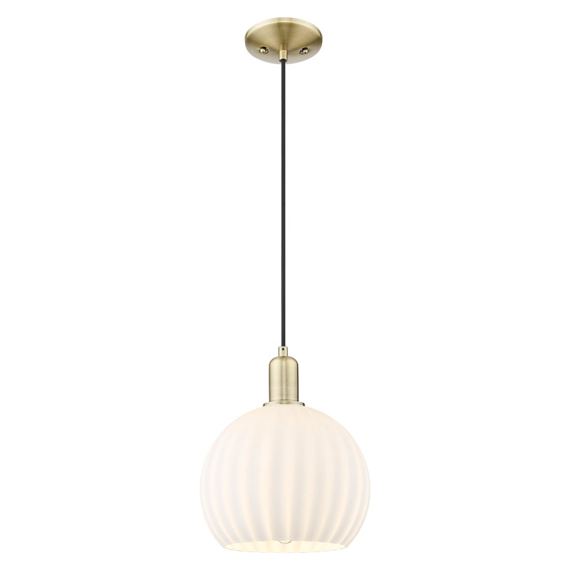 Arcadia - Blanc vénitien - Mini luminaire suspendu à cordon 1 lumière 10 po, H 12,58 po x l 10 po x P 10 po, Laiton antique