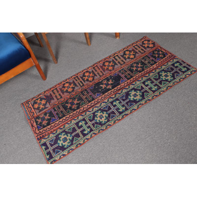 Vintage Turkish Oushak Patchwork Rug in Blue Wool - Small Decorative Kitchen and Door Mat