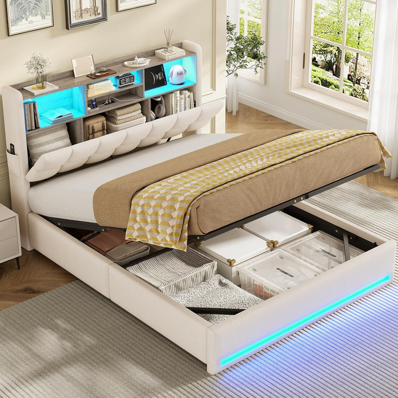 Upholstered Bed with Ottoman Under-bed Storage and Charging Station, Beige, Double (4'6)