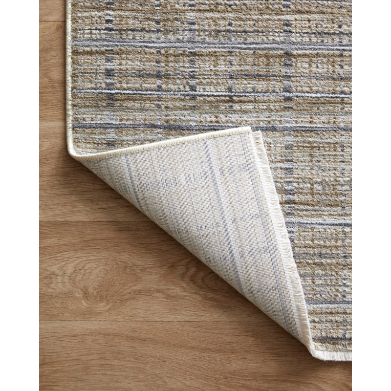 Tapis rayé en polyester tissé à la machine en beige / gris, Rectangle 9 pi 6 po x 13 pi 1 po
