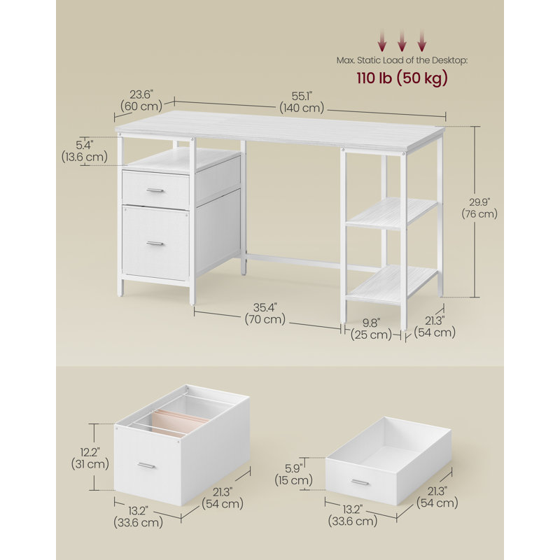 Metal Base Computer Desk, 76cm. H x 140cm. W x 60cm. D, White