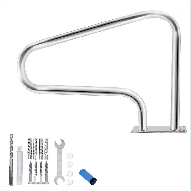 Pool Handrail - 304 Stainless Steel Safety Rail with Non-Slip Blue Grip, 375LB Capacity, Quick Mount Kit for Inground Pools, Spas & Water Parks - Silver