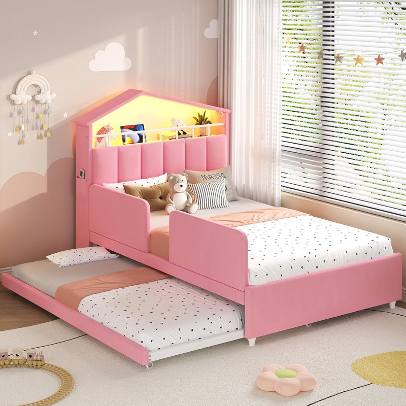 Structure de lit simple avec lit gigogne et lumières DEL, lit en velours pour filles avec tête de lit en forme de maison et station de charge, rose