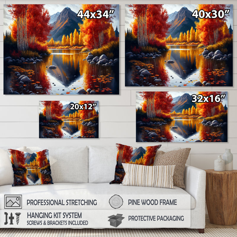 Bouleaux rouges et oranges au bord du lac IV - Impression sur toile, H 34 po x l 44 po x P 1,5 po, Toile tendue