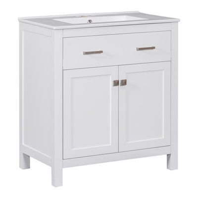 30" Bathroom Vanity Cabinet With Ceramic Sink, Modern White Design 2 Doors And Shelf, Soft Close Door, Stable Build 30-Inch Door Function, Solid