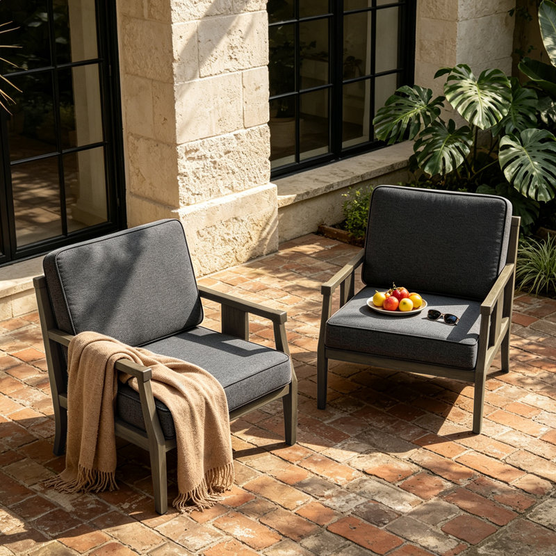 Ensemble de chaises d'extérieur en teck avec coussins Louque, Gris foncé, Brun