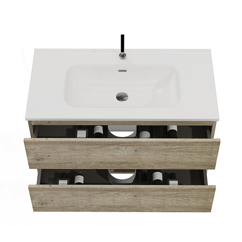 Meuble-lavabo mural avec lavabo en céramique intégré et meuble-lavabo flottant, 36"