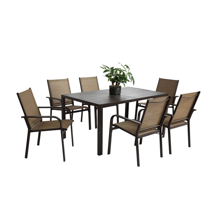 Ensemble de salle à manger 7 pièces, table de jardin et 6 chaises en textilène, ensemble de conversation avec table rectangulaire et 6 chaises empilables
