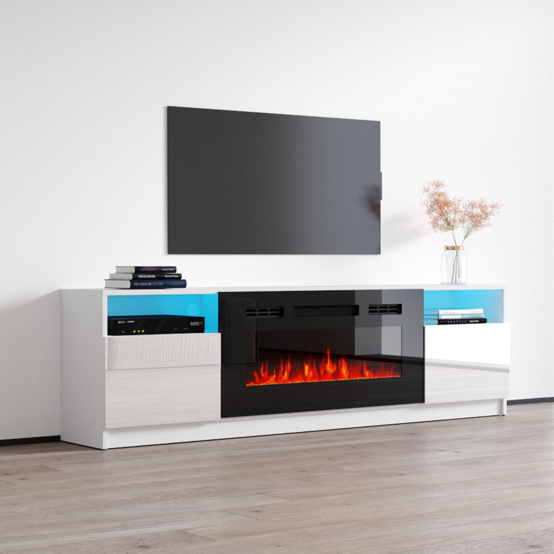 Ortiz 78.7" Modern TV Stand with Electric Fireplace, High Gloss Finish, Media Storage, White