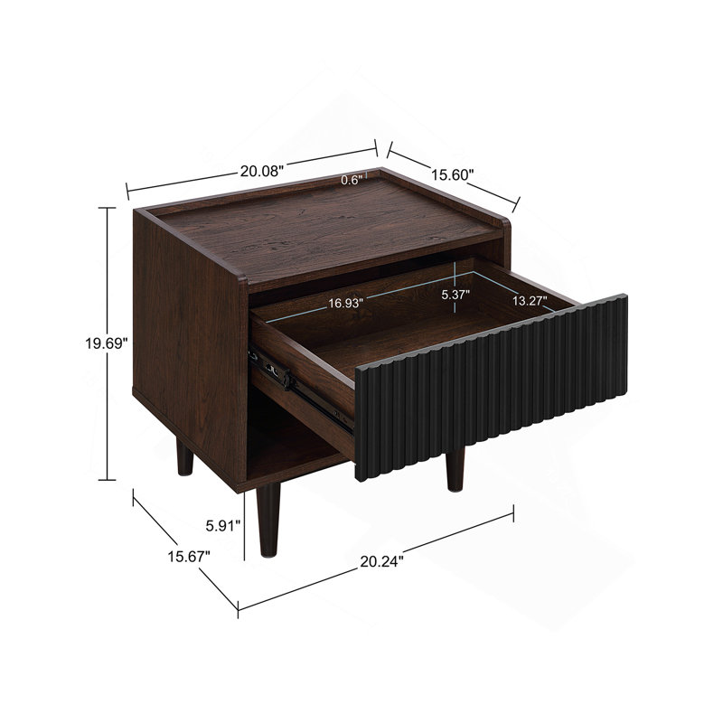 Duane 20" Fluted Nightstand in Black (1-Drawer), Black
