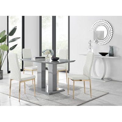 Eubanks Double Pedestal High Gloss Dining Table Set with 4 Luxury Faux Leather Dining Chairs