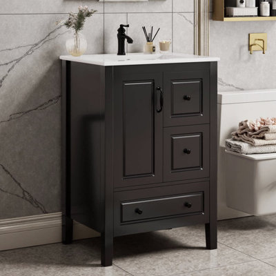 Meuble-lavabo rétro 24 po avec lavabo en céramique - 1 porte à fermeture douce et 3 tiroirs à fermeture douce, poignées en métal noir, armoire de rangement compacte autoportante pour petites salles de bain