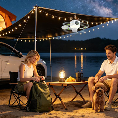 7200mAh Rechargeable Tent Ceiling Fan with LED Light, Hanging Camping Canopy Fan with Remote Control, 4 Wind Speeds & 3 Light Brightness Levels for Outdoor RV Beach Travel