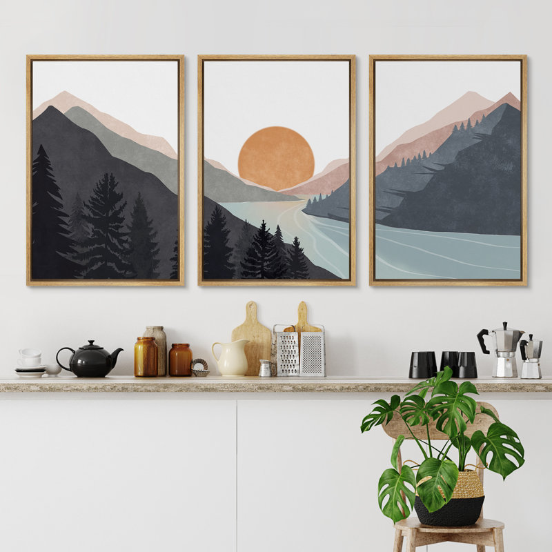 «Sun Mountain Landscape Range Abstract Lake Nature», ensemble de 3 reproductions d'art sur toile encadrées, H 36 po x l 72 po
