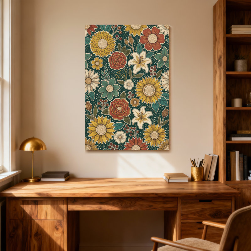 Motif floral de plantes et de fleurs aux couleurs vives et aux feuilles détaillées, H 18 po x l 12 po