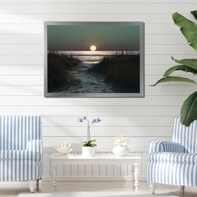 Pleine lune se levant à travers l'herbe de la plage I sur toile