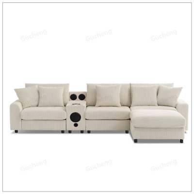 Corduroy Sectional Sofa with Built-in Speakers, L Shaped Couch with Console, USB Charger, Cup Holders, Storage, Ottoman, Deep and Wide Seat Cloud Sofa for Living Room, Apartment