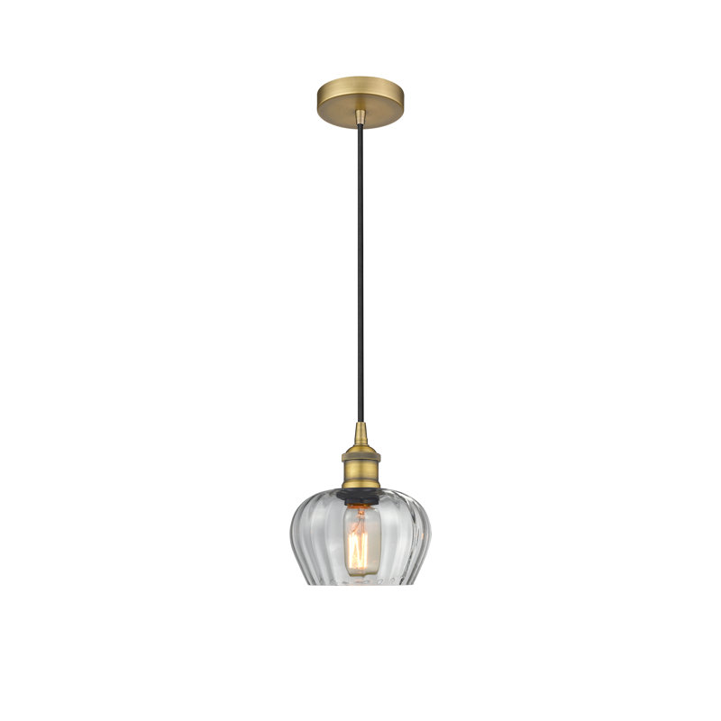 Luminaire suspendu simple à 1 lumière Noille, Transparent, Laiton brossé, H 8,5 po x l 6,5 po x P 6,5 po