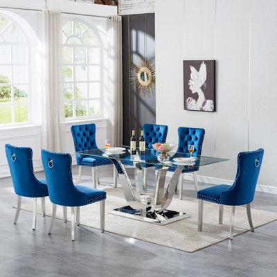 Glass Dining Table Set, Dining Table with Velvet Dining Chairs, 70" Glass Dining Table Set, Kitchen Table and Chairs with Stainless Steel Base for Kitchen Dining Room