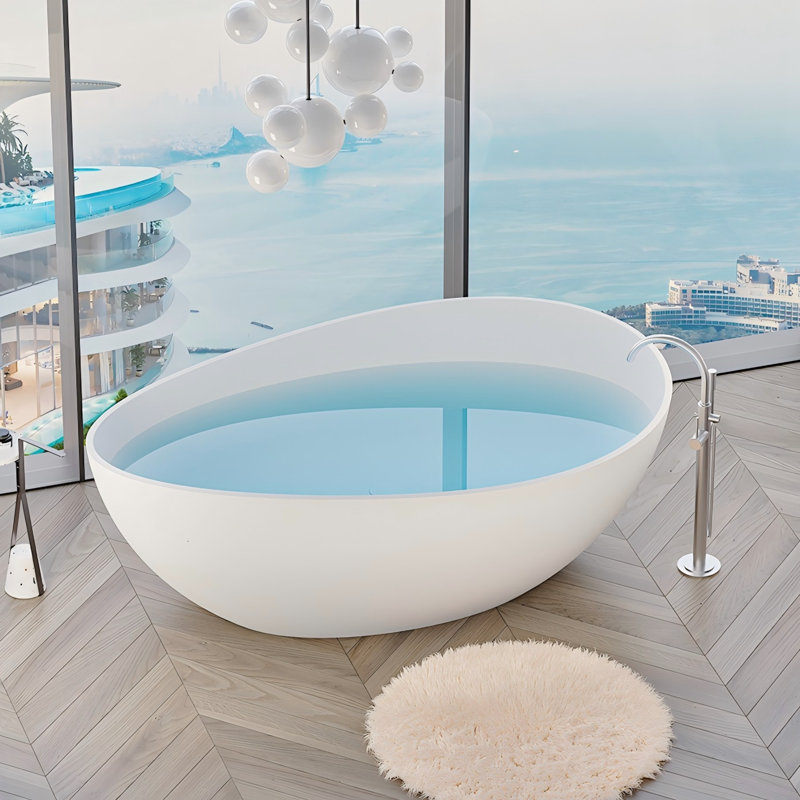 63" x 37" Freestanding Soaking Solid Surface Bathtub Stone Resin Bath Tub with Overflow, Pop-up Drain for Bathroom