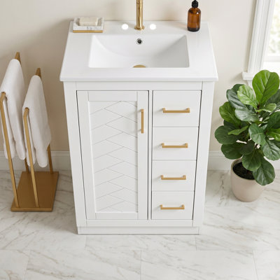 Meuble-lavabo compact 24 po avec lavabo en céramique - 3 tiroirs et 1 porte pour petits espaces, salles d'eau ou salles de bain d'invités