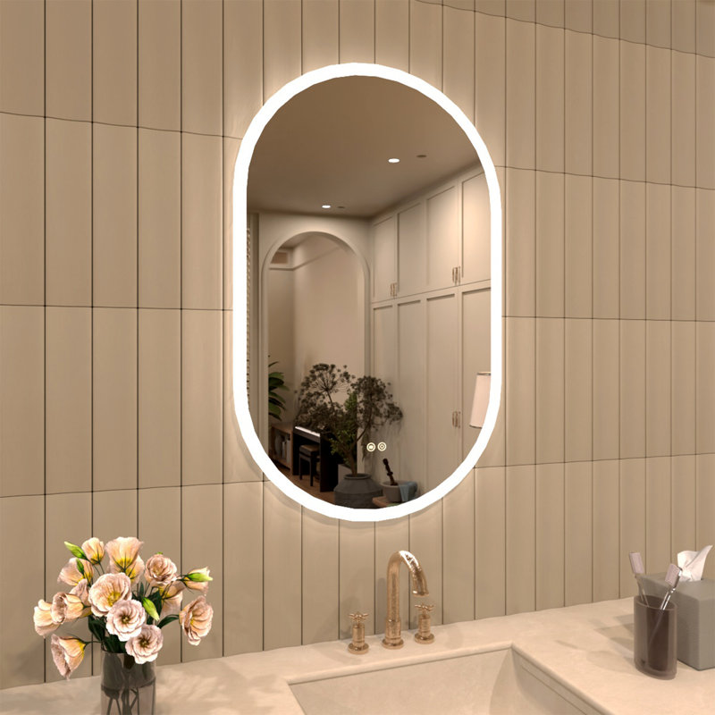 Miroir de salle de bain ovale à DEL sans cadre antibuée en cristal poli, 32 po x 20 po