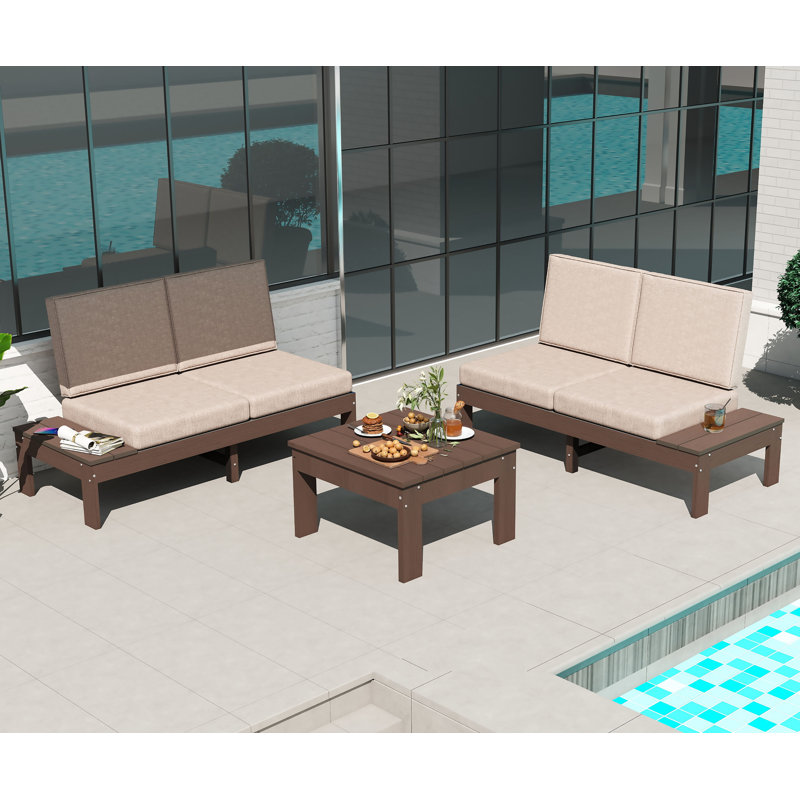 Ensemble de conversation modulaire 3 pièces 4 personnes avec canapé et canapé modulaire en PEHD pour l'extérieur, Brown