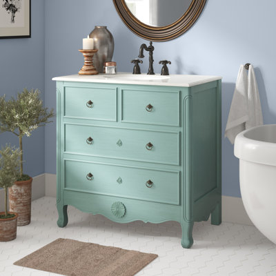 Meuble-lavabo sur pied Benton Collection 34 pouces, style cottage, bleu vintage vieilli, modèle Daleville, lavabo simple, dessus en marbre blanc, entièrement assemblé