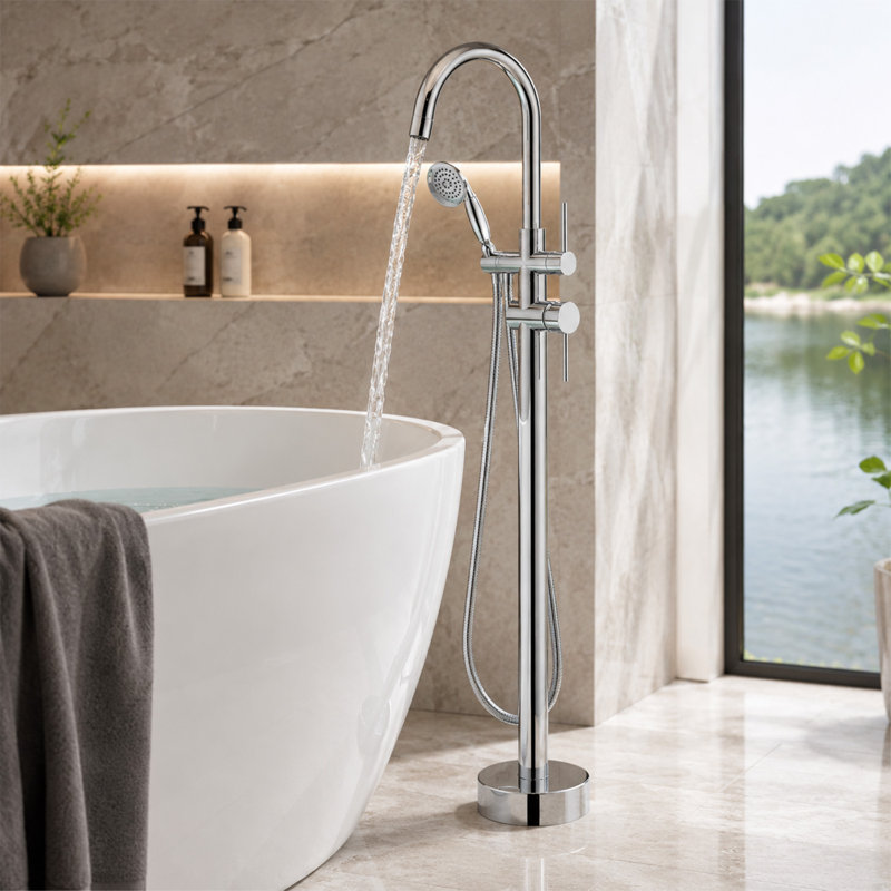 Robinet de baignoire autoportant fixé au sol avec douche à main