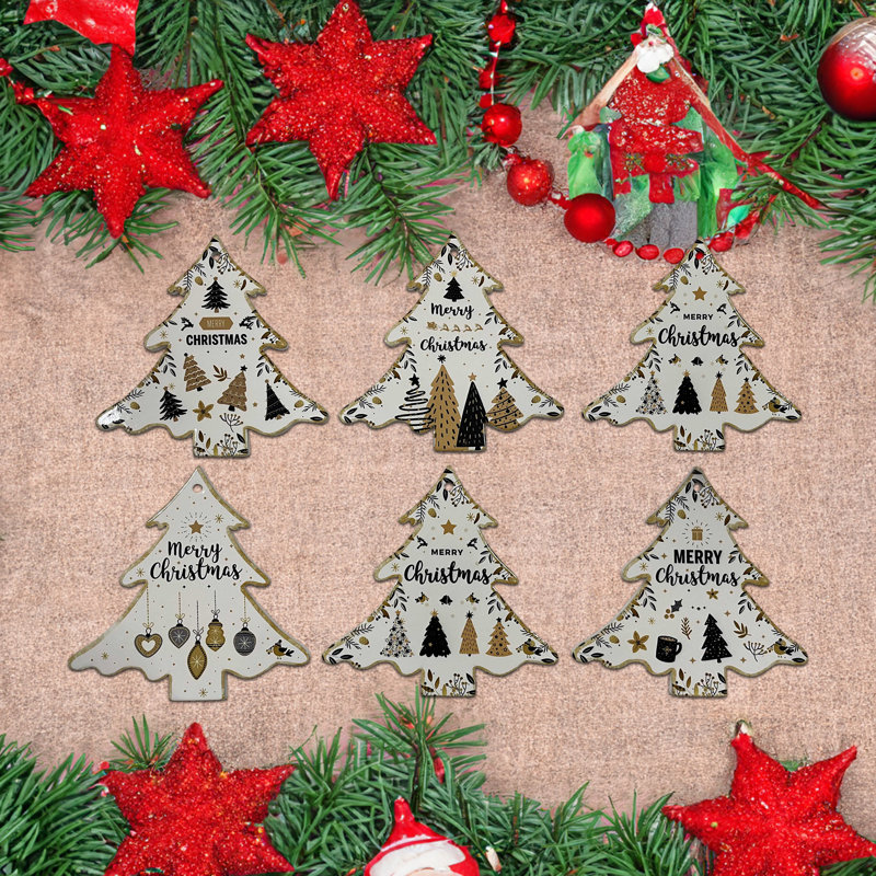 Arbre de Noël en céramique en forme d'arbre sous-plat Merry Christmas - ensemble de 6