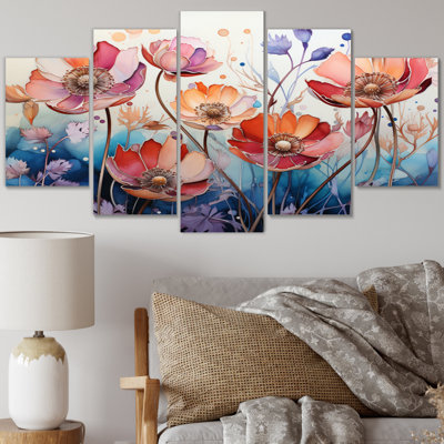 Sérénade botanique rouge-bleu sur toile, 5 pièces