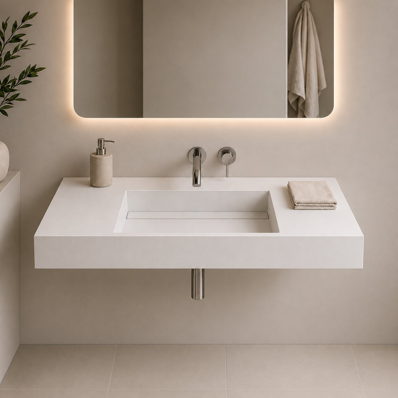Lavabo de salle de bain mural 48 "avec bonde dissimulée pour robinets muraux Juniper - Blanc, Blanc