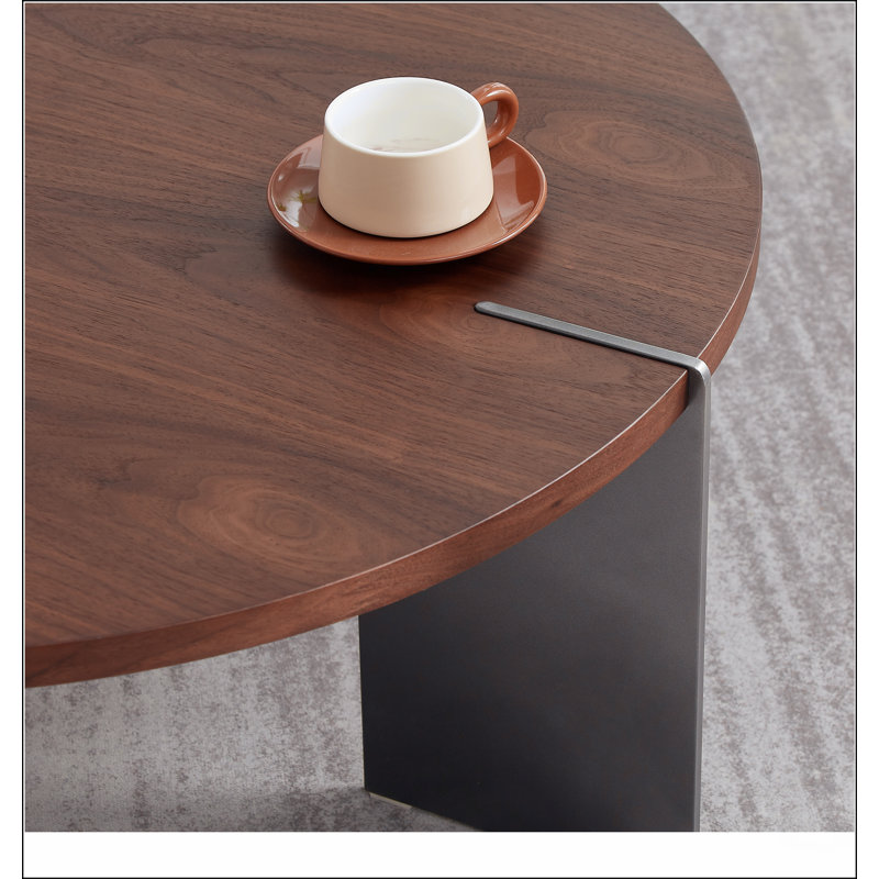 Table basse ronde en bois de noyer et pieds en métal noir, H 14,96 po x L 35,43 po x l 25,43 po, Brun