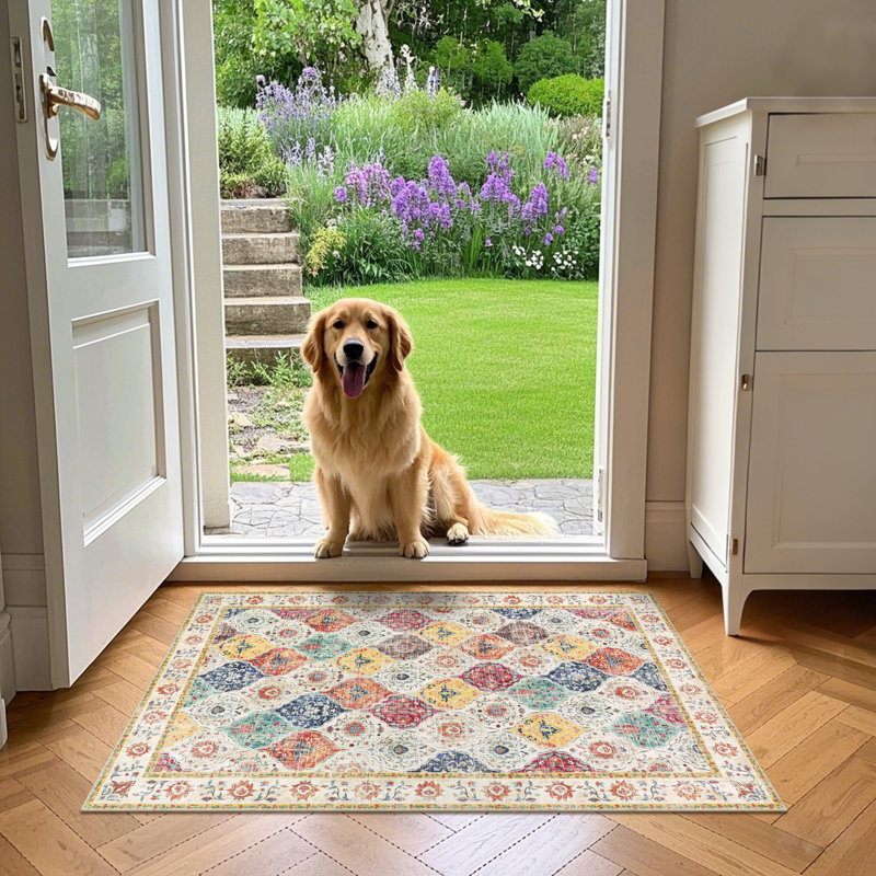 Machine Washable Non-Slip Oriental Area Rug Beige/Yellow/Orange, Rectangle 3' x 5'